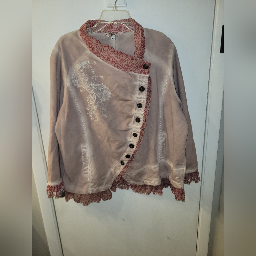 Joe Brown Women's Tan Knit Crossover Bottom Down Jacket Ruffles & Buttons Sz 20